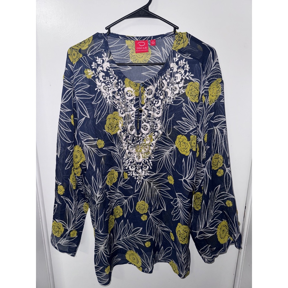 Oscar de la Renta Oscar Navy Blue Yellow Floral Embroidered Sheer Blouse Size 12